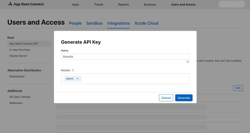 App Store Connect Generate API Key dialog with the name StoreGit and an access role selected.