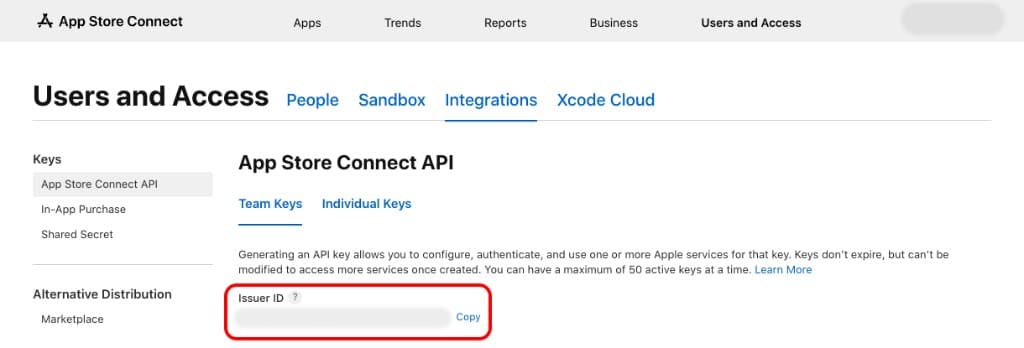 App Store Connect Team Keys page with the Issuer ID field highlighted, next to a Copy link.