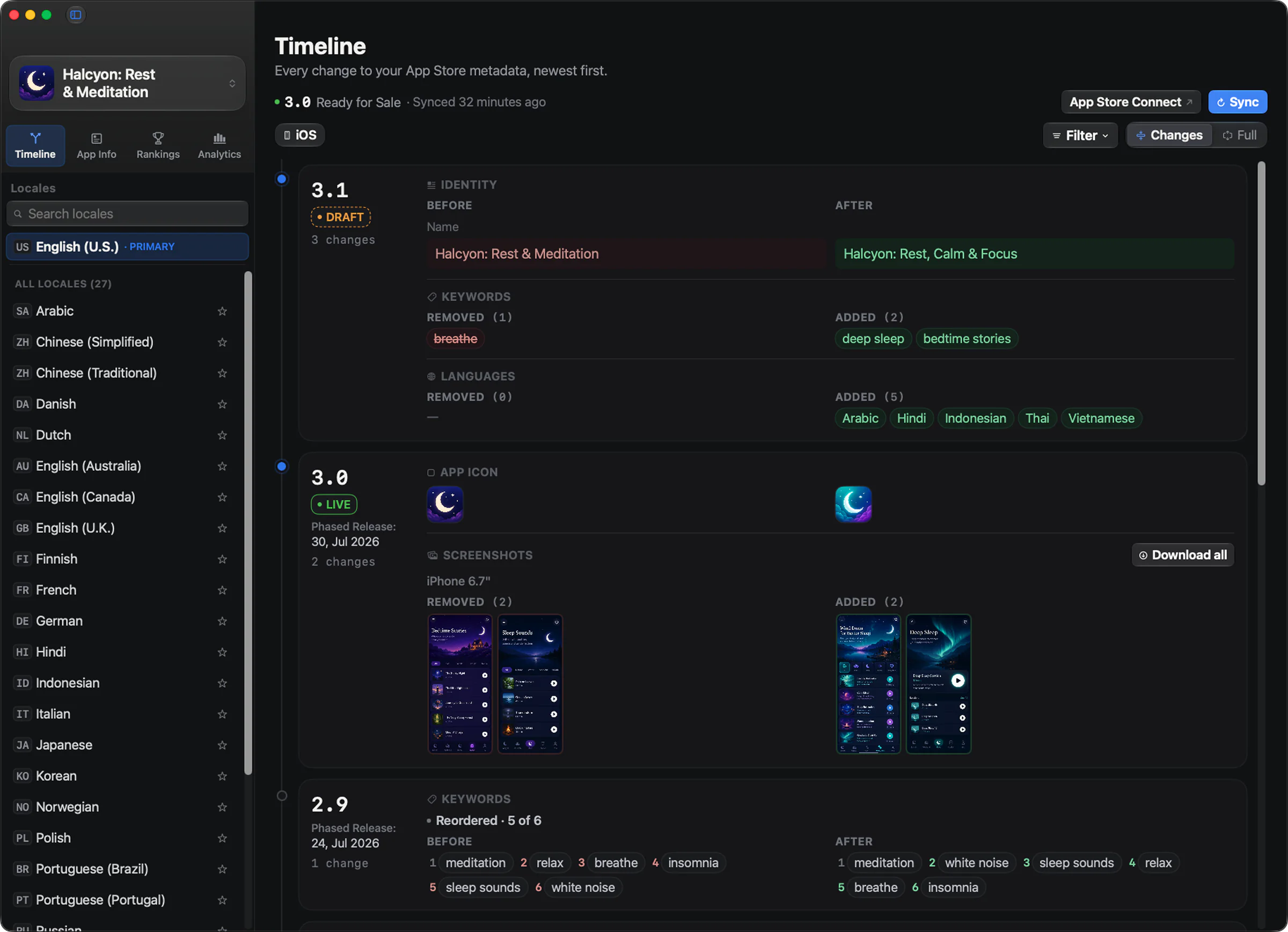 StoreGit timeline showing App Store metadata changes across versions